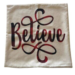 Plaid Red & Black Holiday Believe Pillow Cover 18.5" Square With Hidden Zipper